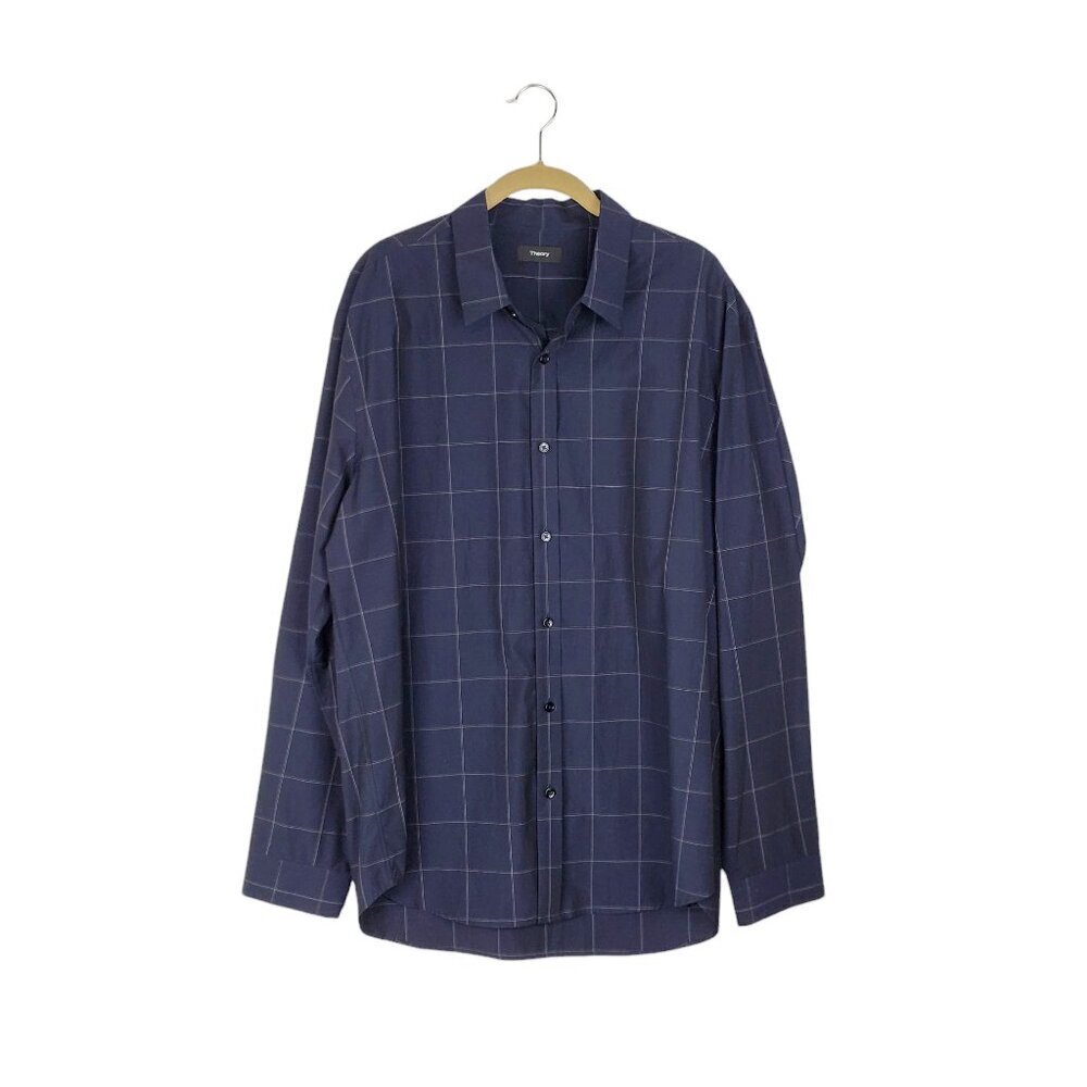 Theory Clean Placket Shirt Navy Blue Mouline Grid Cotton Button Up Mens Size XL
